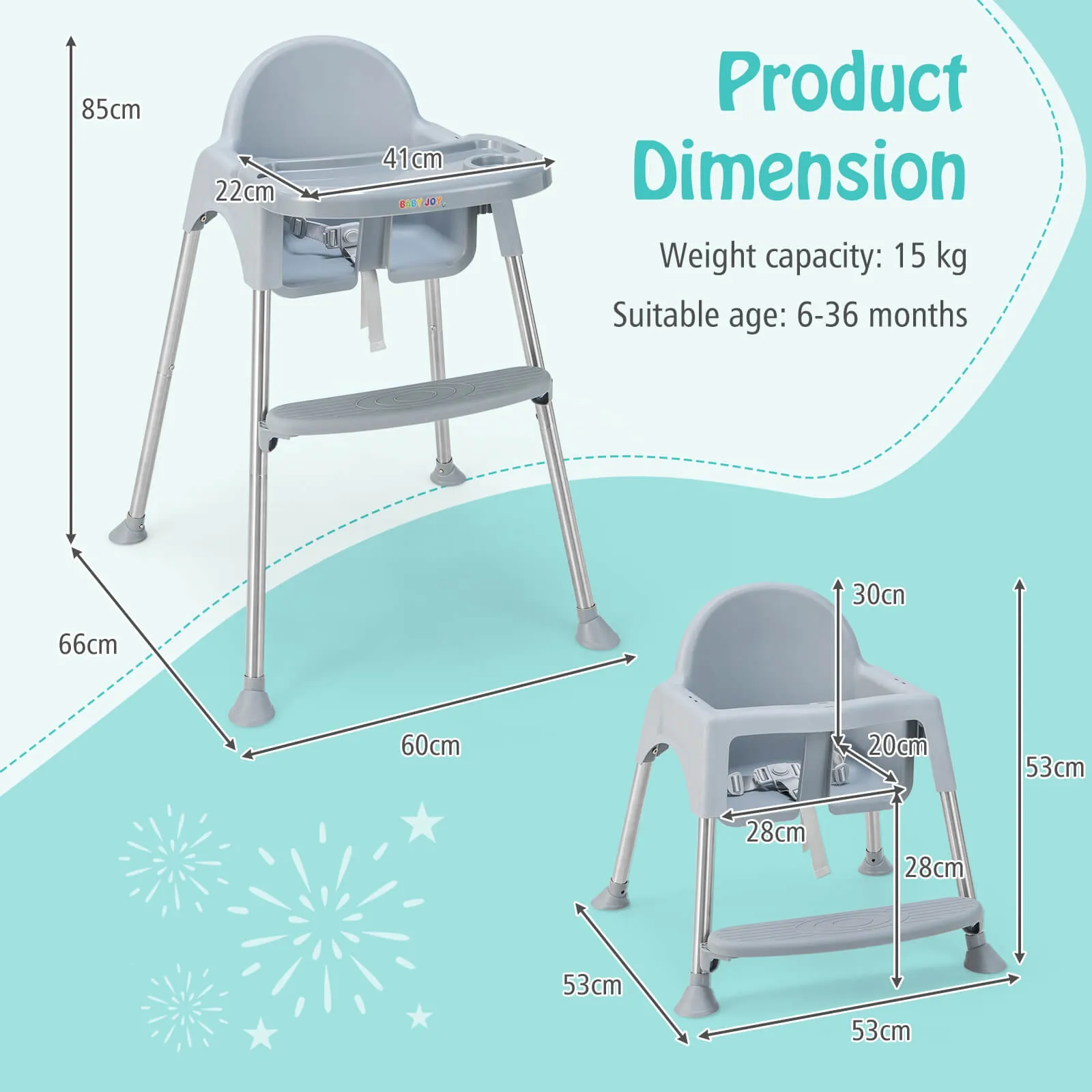 4 in 1 Adjustable Baby High Chair with Double Removable Tray-Grey