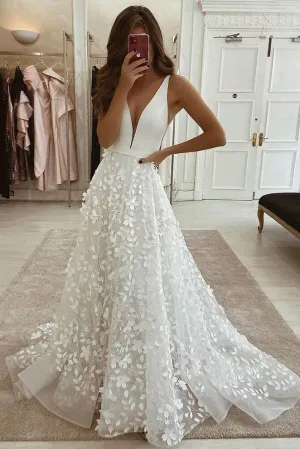 A Line Deep V Neck Sleeveless Wedding Dress with Flowers, Bridal Dress with Slit UQW0066