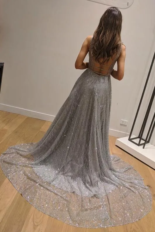 A-Line Sleeveless Silver Backless Fashion Custom Unique Design Long Prom Dresses UQ2247