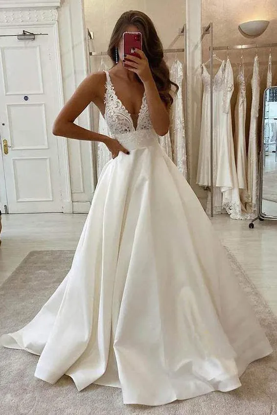 A Line V Neck Satin Wedding Dress, Ivory Long Bridal Dress Gown with Lace Applique UQW0035