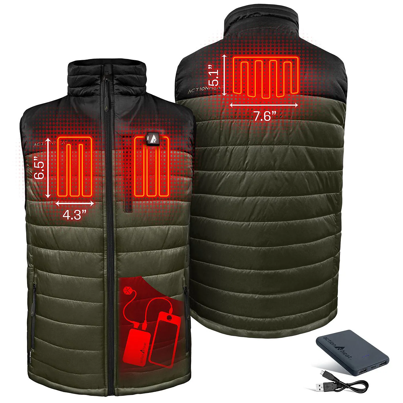 ActionHeat AH-PVCB-5V-M-BG 5V Pocono Color Block Heated Vest for Men - Black/Olive Green - XL