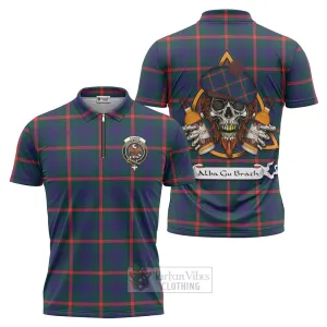 Agnew Tartan Zipper Polo Shirt with Family Crest and Bearded Skull Holding Bottles of Whiskey