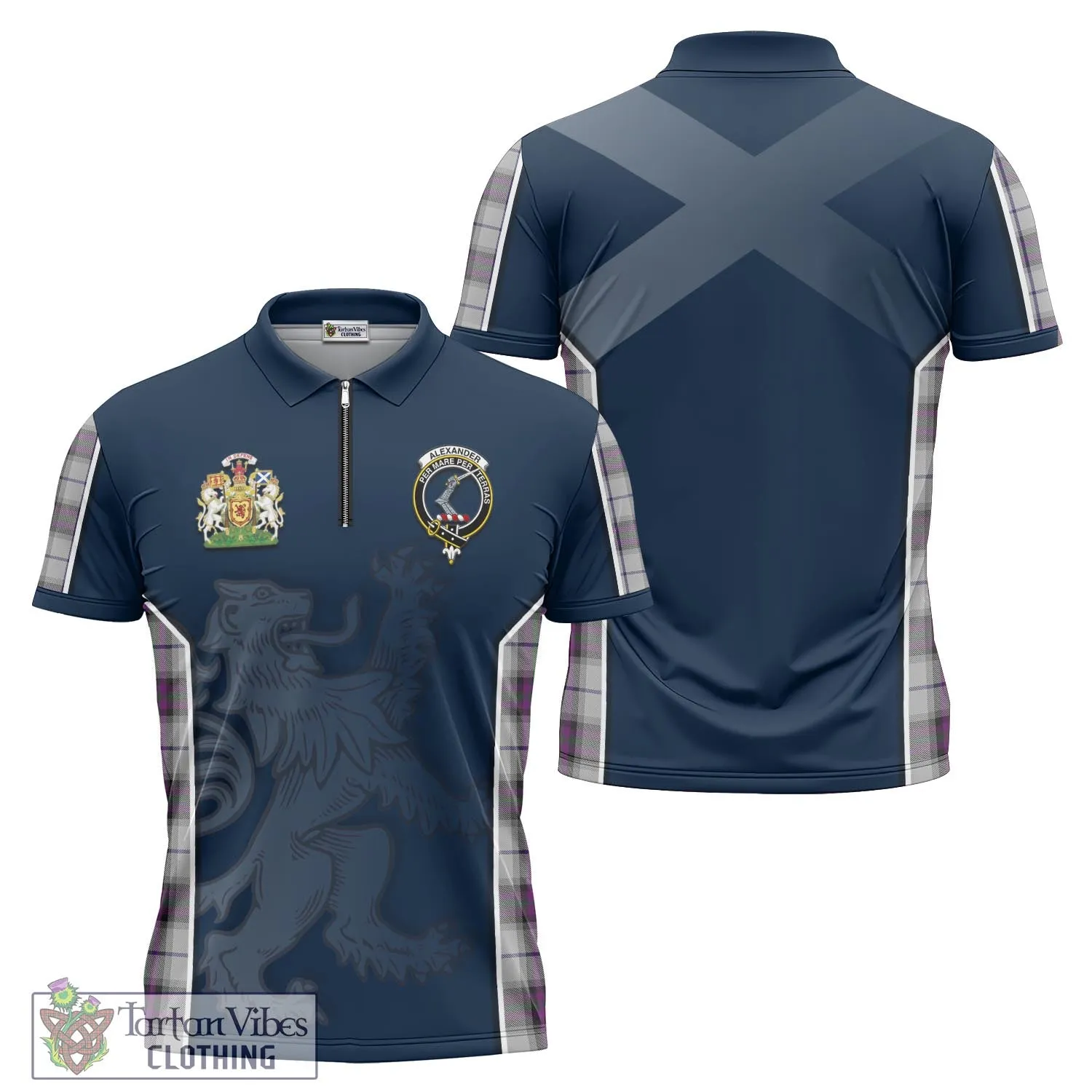 Alexander of Menstry Dress Tartan Zipper Polo Shirt with Family Crest and Lion Rampant Vibes Sport Style