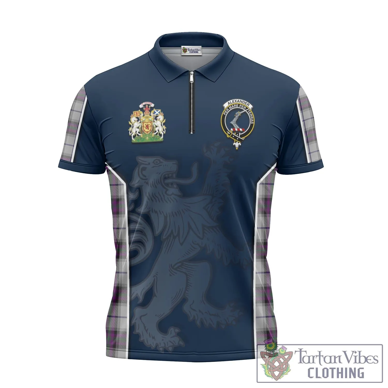 Alexander of Menstry Dress Tartan Zipper Polo Shirt with Family Crest and Lion Rampant Vibes Sport Style