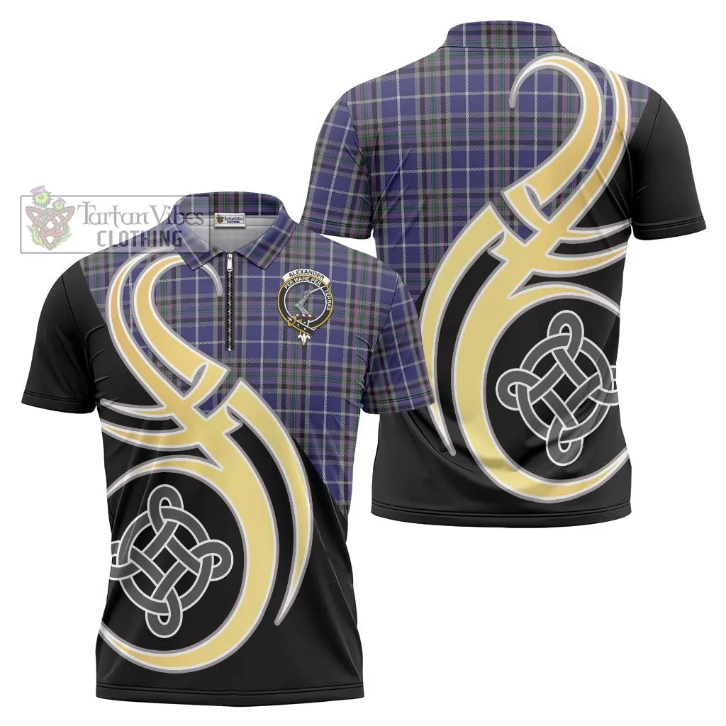 Alexander of Menstry Tartan Zipper Polo Shirt with Family Crest and Celtic Symbol Style