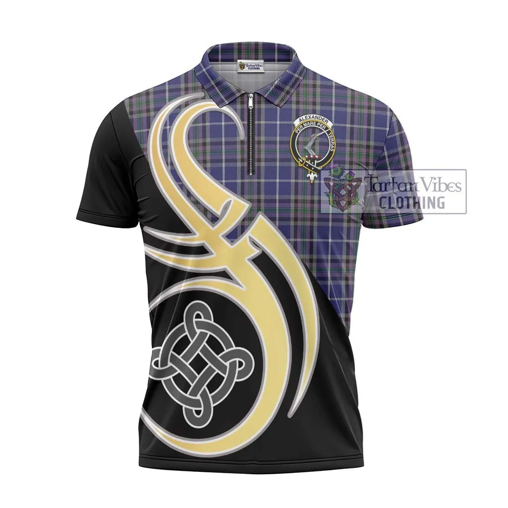 Alexander of Menstry Tartan Zipper Polo Shirt with Family Crest and Celtic Symbol Style