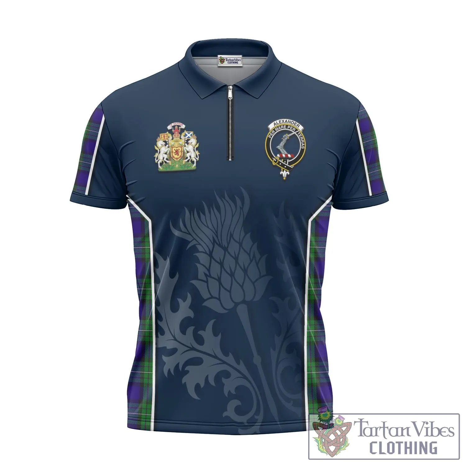 Alexander Tartan Zipper Polo Shirt with Family Crest and Scottish Thistle Vibes Sport Style