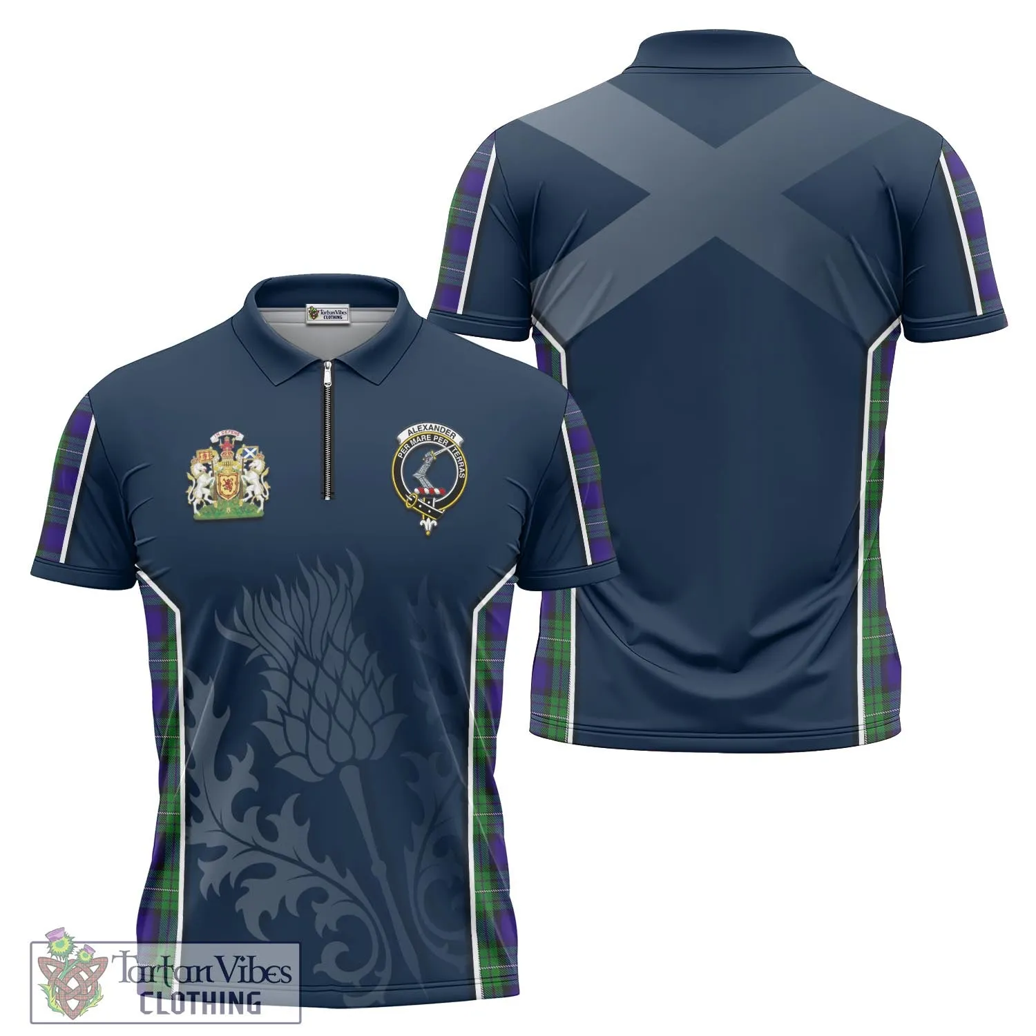 Alexander Tartan Zipper Polo Shirt with Family Crest and Scottish Thistle Vibes Sport Style