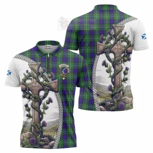 Alexander Tartan Zipper Polo Shirt with Family Crest and St. Andrew's Cross Accented by Thistle Vines