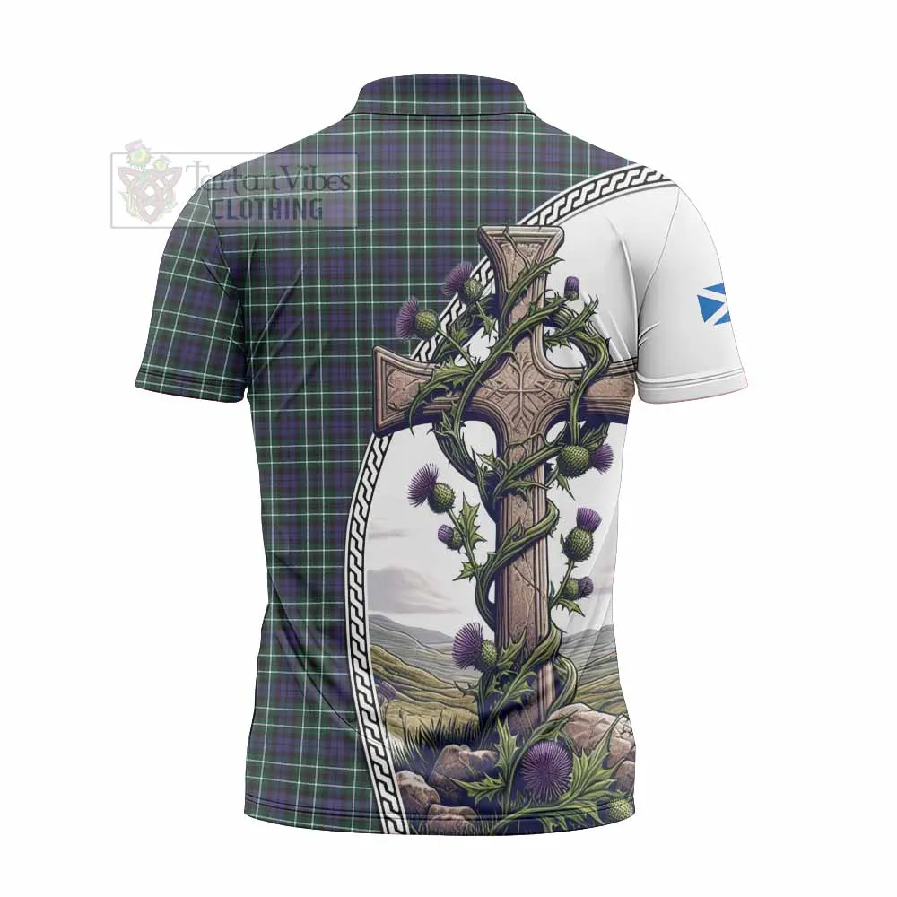 Allardice Tartan Zipper Polo Shirt with Family Crest and St. Andrew's Cross Accented by Thistle Vines