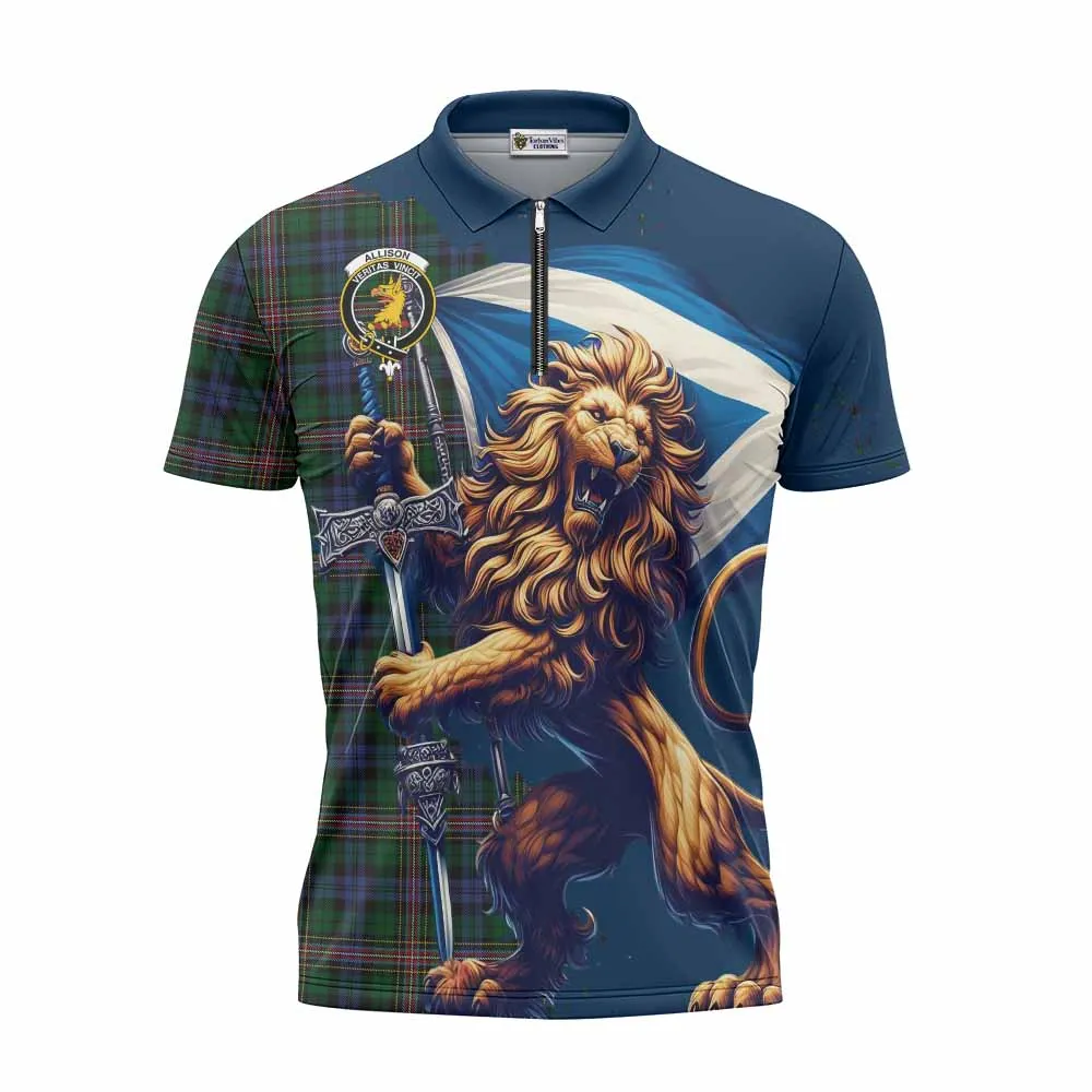 Allison Tartan Family Crest Zipper Polo Shirt with Scottish Majestic Lion