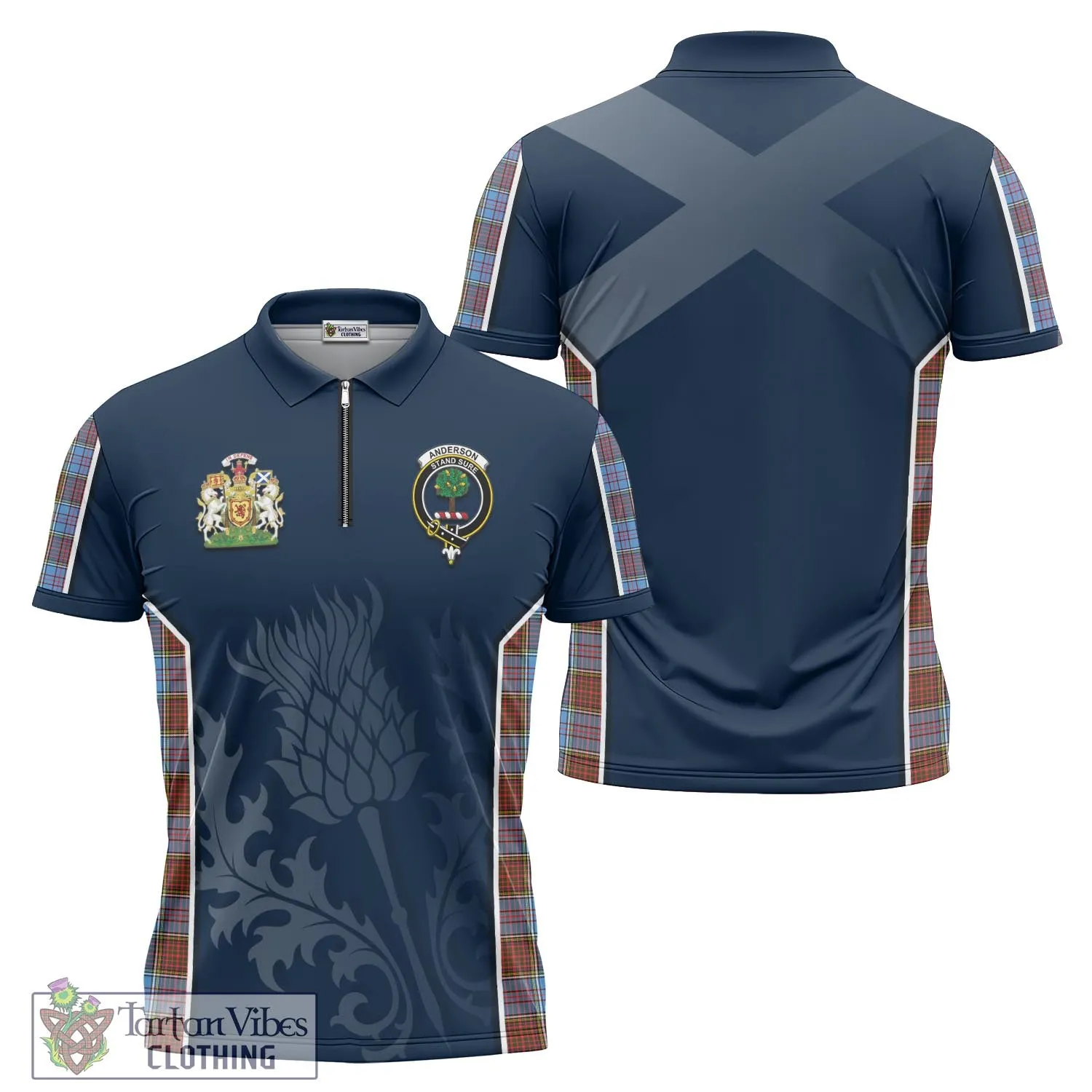 Anderson Modern Tartan Zipper Polo Shirt with Family Crest and Scottish Thistle Vibes Sport Style