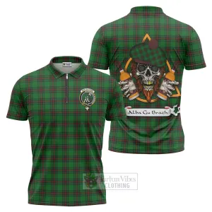 Anstruther Tartan Zipper Polo Shirt with Family Crest and Bearded Skull Holding Bottles of Whiskey