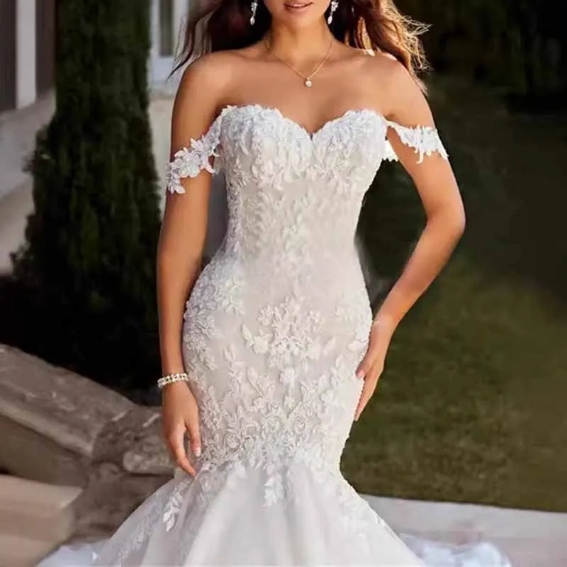 Appliques Lace Tulle Bride Gown Off Shoulder Mermaid Wedding Dress