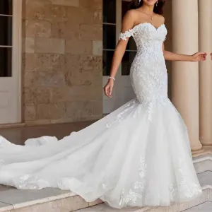 Appliques Lace Tulle Bride Gown Off Shoulder Mermaid Wedding Dress