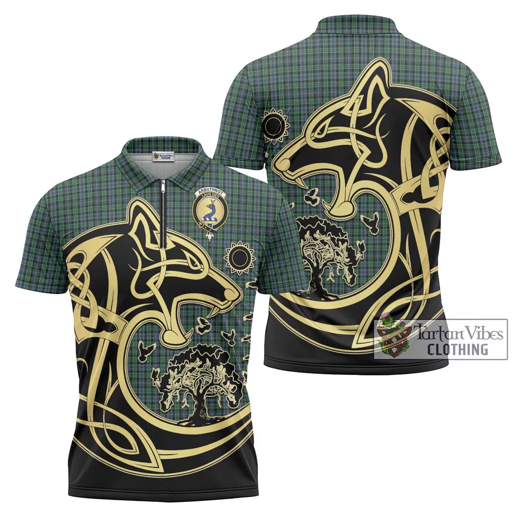 Arbuthnot Tartan Zipper Polo Shirt with Family Crest Celtic Wolf Style