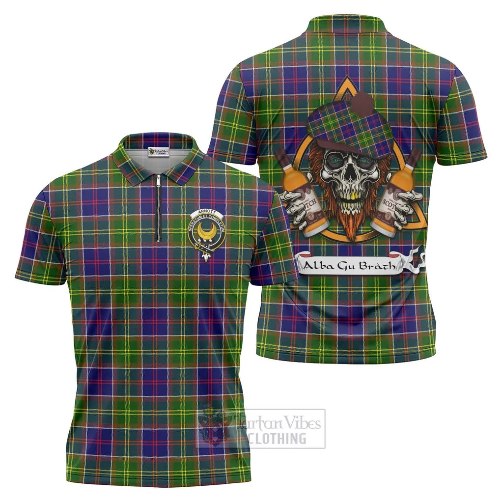 Arnott Tartan Zipper Polo Shirt with Family Crest and Bearded Skull Holding Bottles of Whiskey