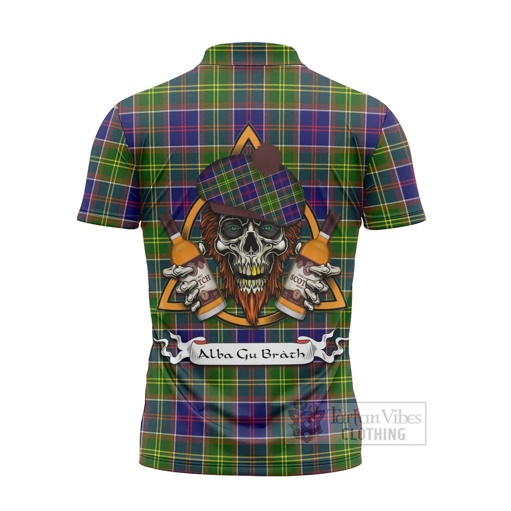 Arnott Tartan Zipper Polo Shirt with Family Crest and Bearded Skull Holding Bottles of Whiskey