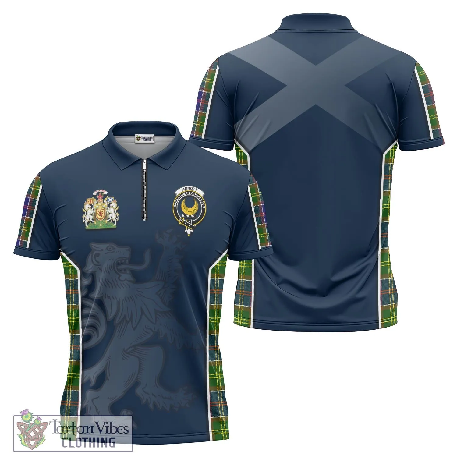 Arnott Tartan Zipper Polo Shirt with Family Crest and Lion Rampant Vibes Sport Style