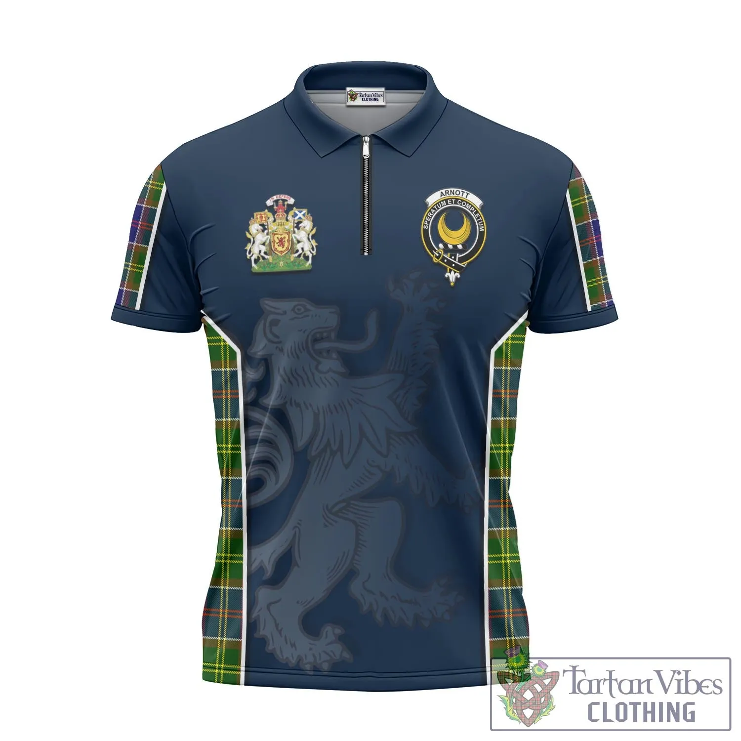 Arnott Tartan Zipper Polo Shirt with Family Crest and Lion Rampant Vibes Sport Style