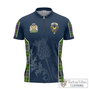 Arnott Tartan Zipper Polo Shirt with Family Crest and Scottish Thistle Vibes Sport Style