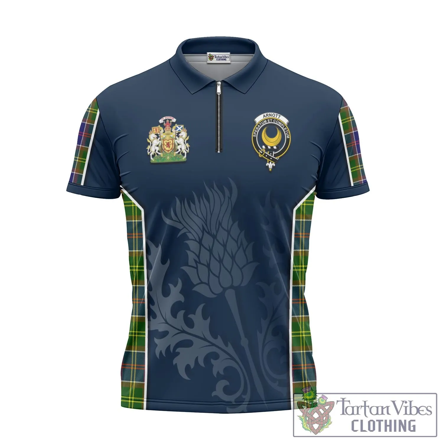 Arnott Tartan Zipper Polo Shirt with Family Crest and Scottish Thistle Vibes Sport Style