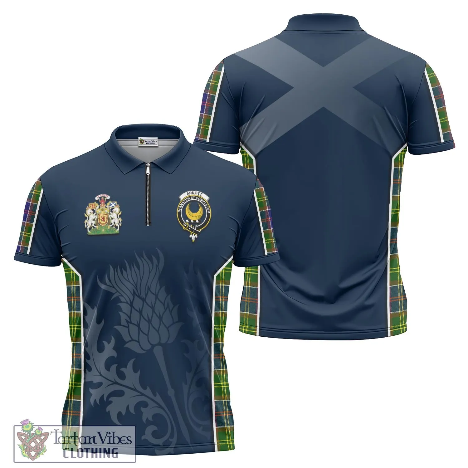 Arnott Tartan Zipper Polo Shirt with Family Crest and Scottish Thistle Vibes Sport Style