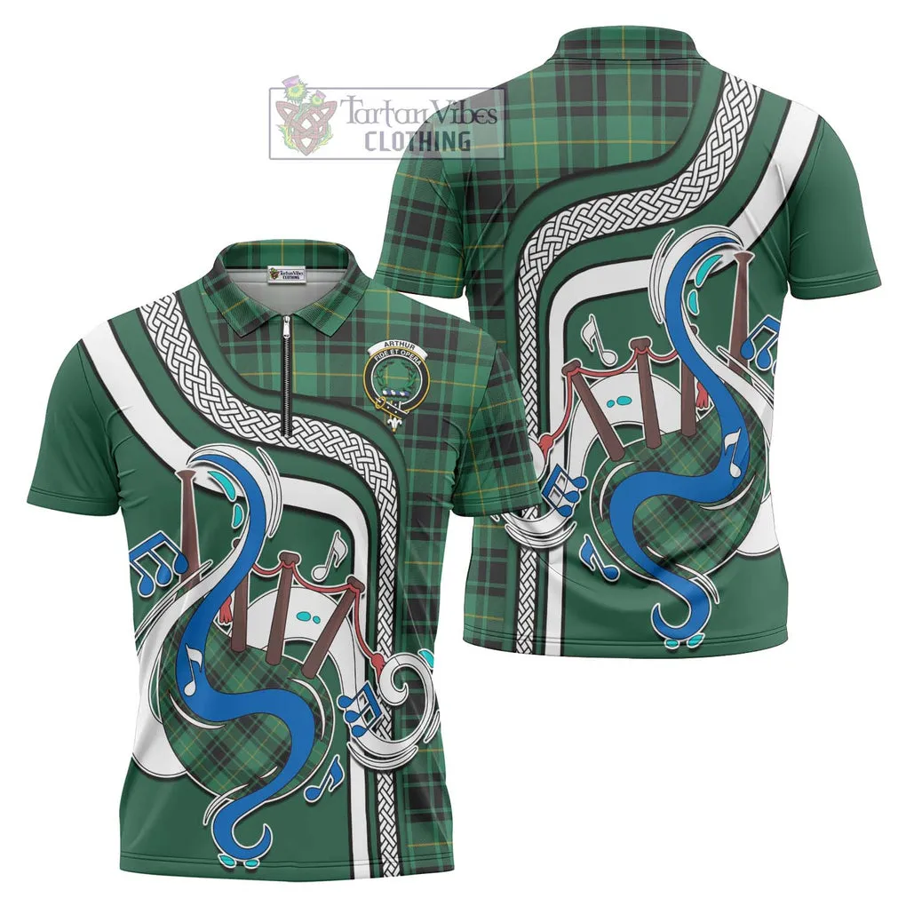 Arthur Ancient Tartan Zipper Polo Shirt with Epic Bagpipe Style