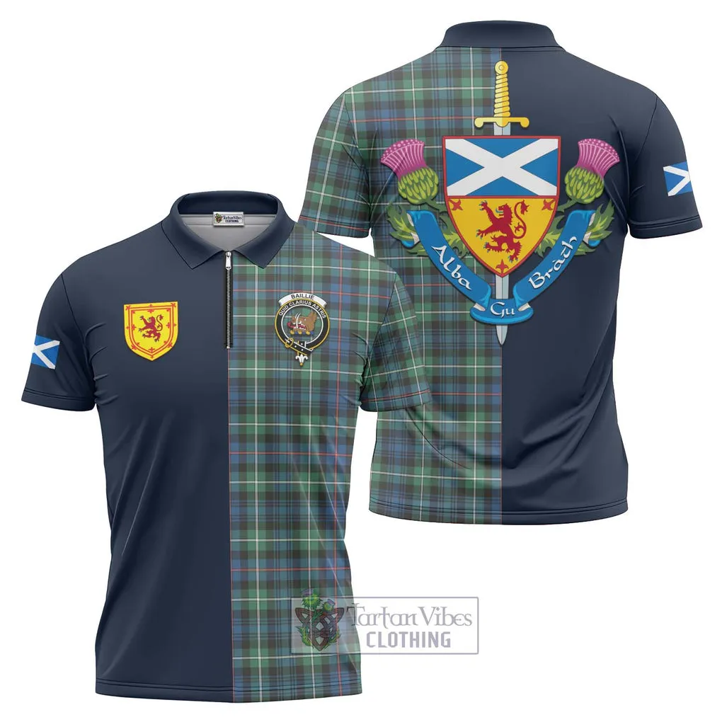 Baillie Ancient Tartan Zipper Polo Shirt Alba with Scottish Lion Royal Arm Half Style