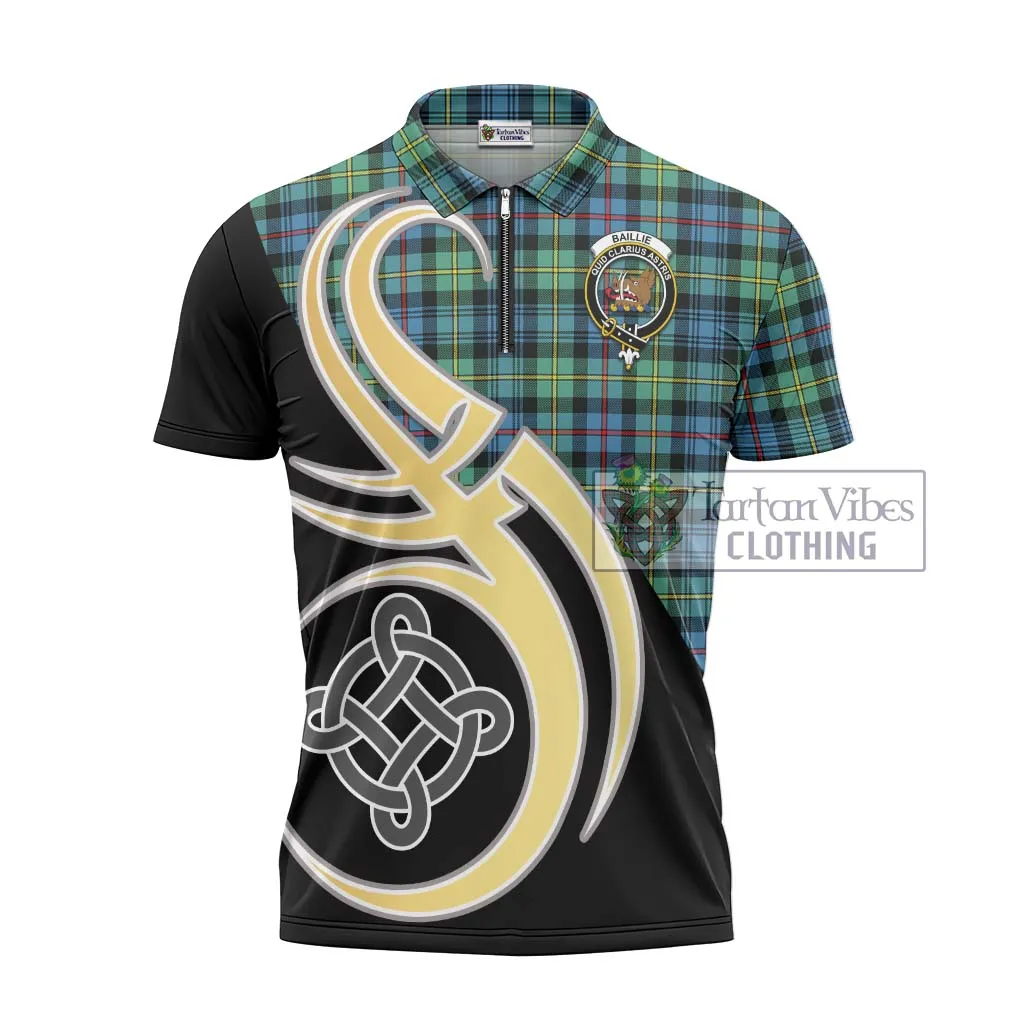 Baillie Ancient Tartan Zipper Polo Shirt with Family Crest and Celtic Symbol Style