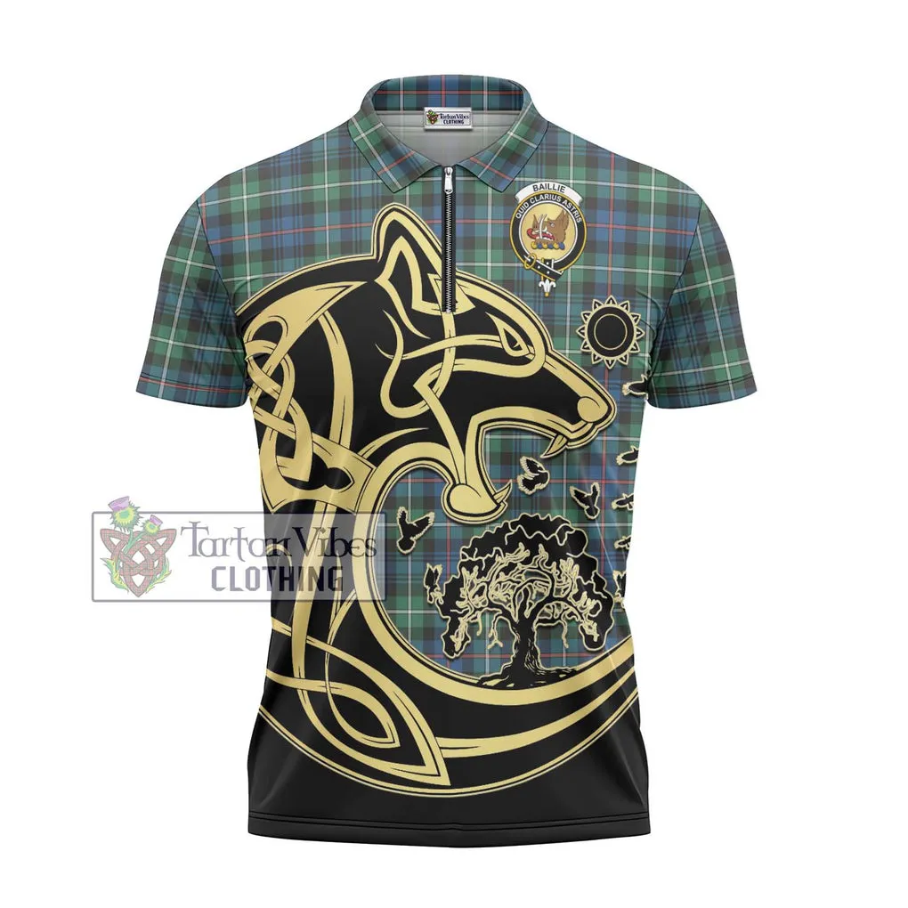 Baillie Ancient Tartan Zipper Polo Shirt with Family Crest Celtic Wolf Style