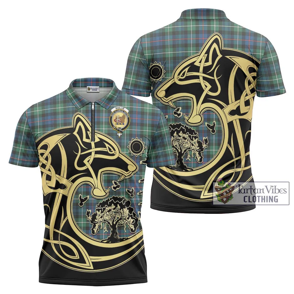 Baillie Ancient Tartan Zipper Polo Shirt with Family Crest Celtic Wolf Style