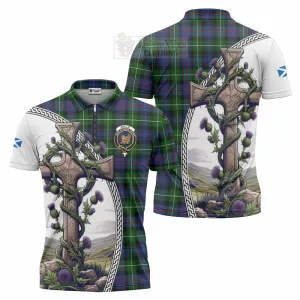 Baillie (Bailey) Tartan Zipper Polo Shirt with Family Crest and St. Andrew's Cross Accented by Thistle Vines