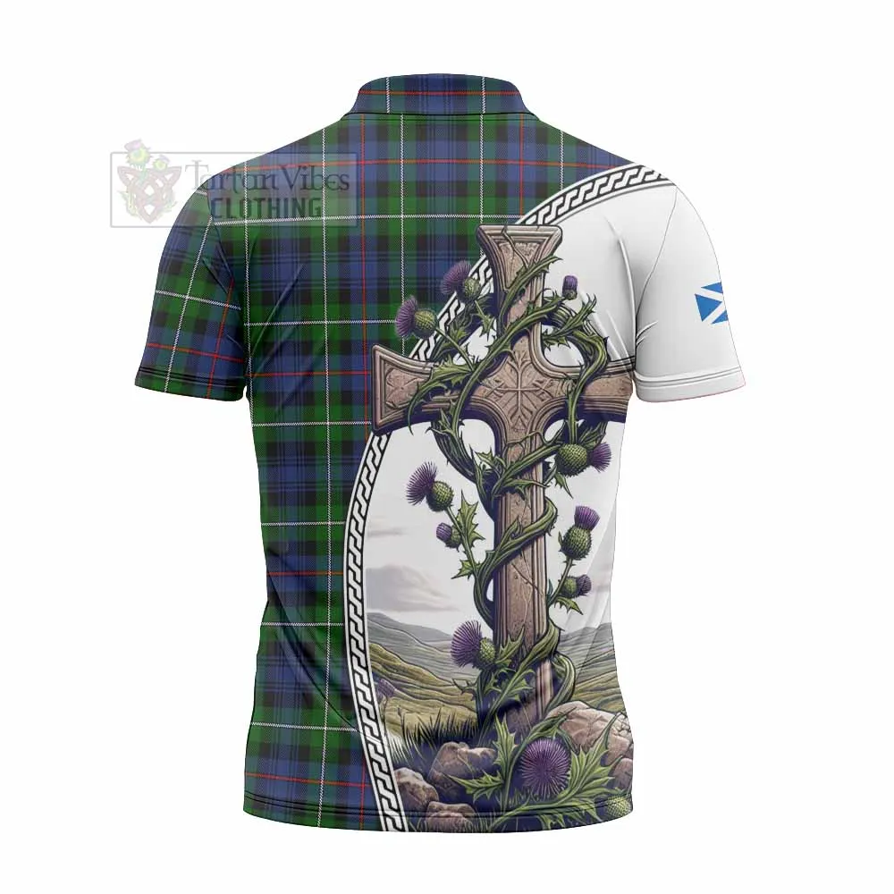 Baillie (Bailey) Tartan Zipper Polo Shirt with Family Crest and St. Andrew's Cross Accented by Thistle Vines