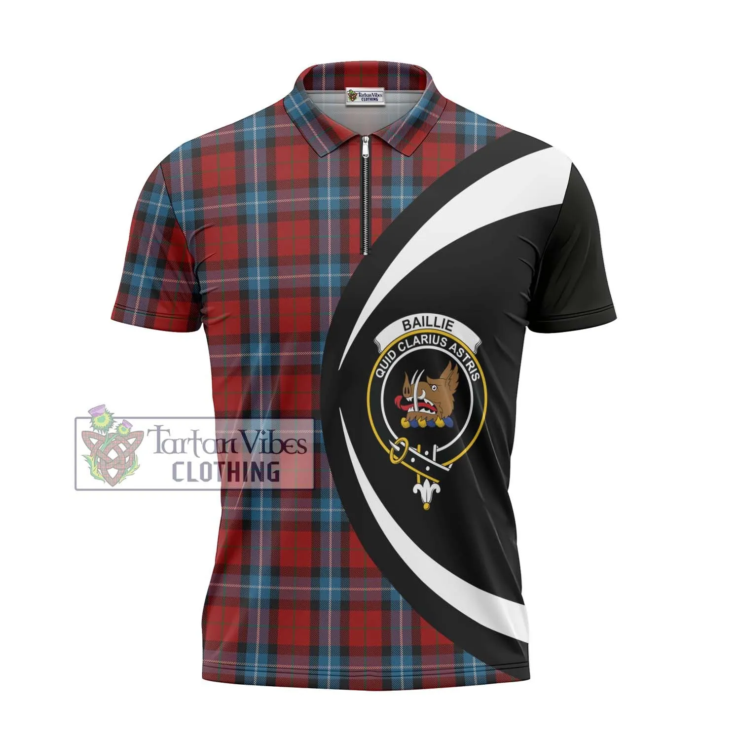 Baillie of Polkemmet Red Tartan Zipper Polo Shirt with Family Crest Circle Style