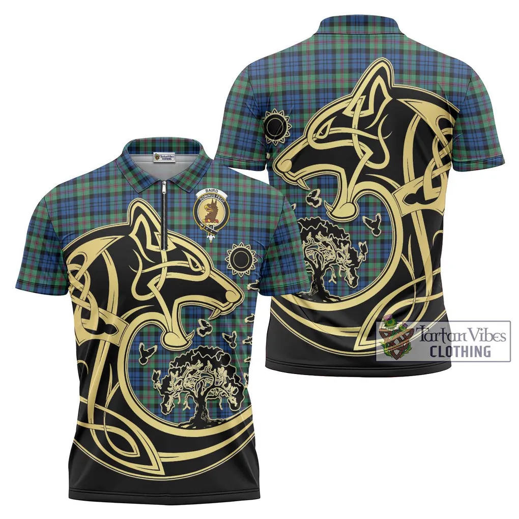 Baird Ancient Tartan Zipper Polo Shirt with Family Crest Celtic Wolf Style