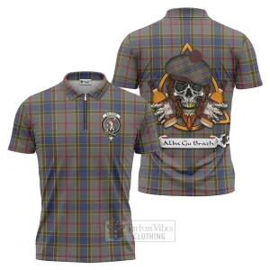 Balfour Tartan Zipper Polo Shirt with Family Crest and Bearded Skull Holding Bottles of Whiskey