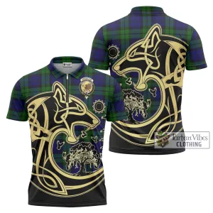 Bannatyne Tartan Zipper Polo Shirt with Family Crest Celtic Wolf Style