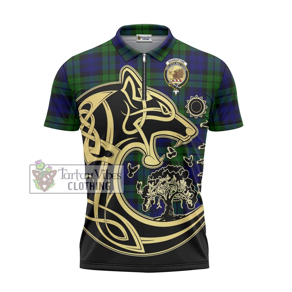 Bannatyne Tartan Zipper Polo Shirt with Family Crest Celtic Wolf Style