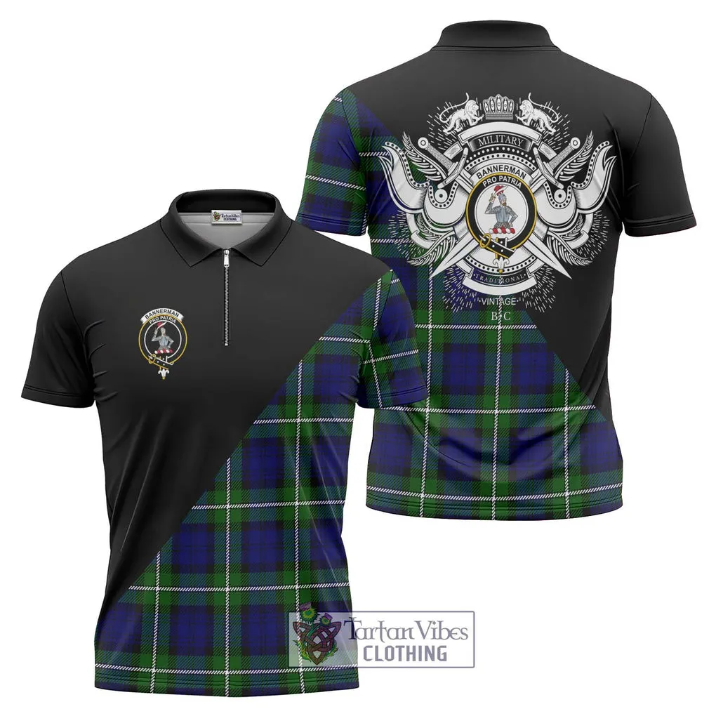 Bannerman Tartan Zipper Polo Shirt with Family Crest and Military Logo Style