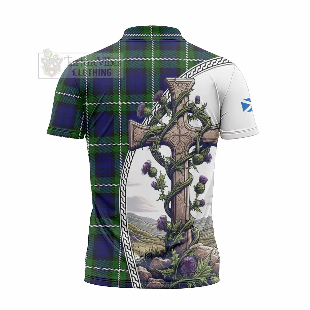 Bannerman Tartan Zipper Polo Shirt with Family Crest and St. Andrew's Cross Accented by Thistle Vines