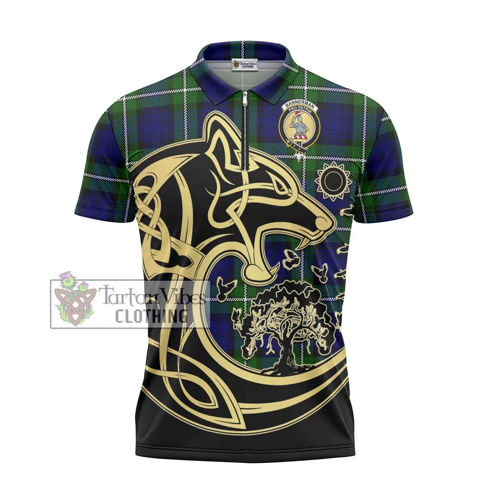 Bannerman Tartan Zipper Polo Shirt with Family Crest Celtic Wolf Style