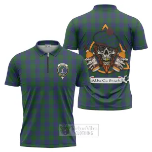 Barclay Tartan Zipper Polo Shirt with Family Crest and Bearded Skull Holding Bottles of Whiskey