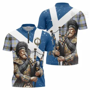 Bell Tartan Zipper Polo Shirt with Family Crest Scottish Bagpiper Vibes