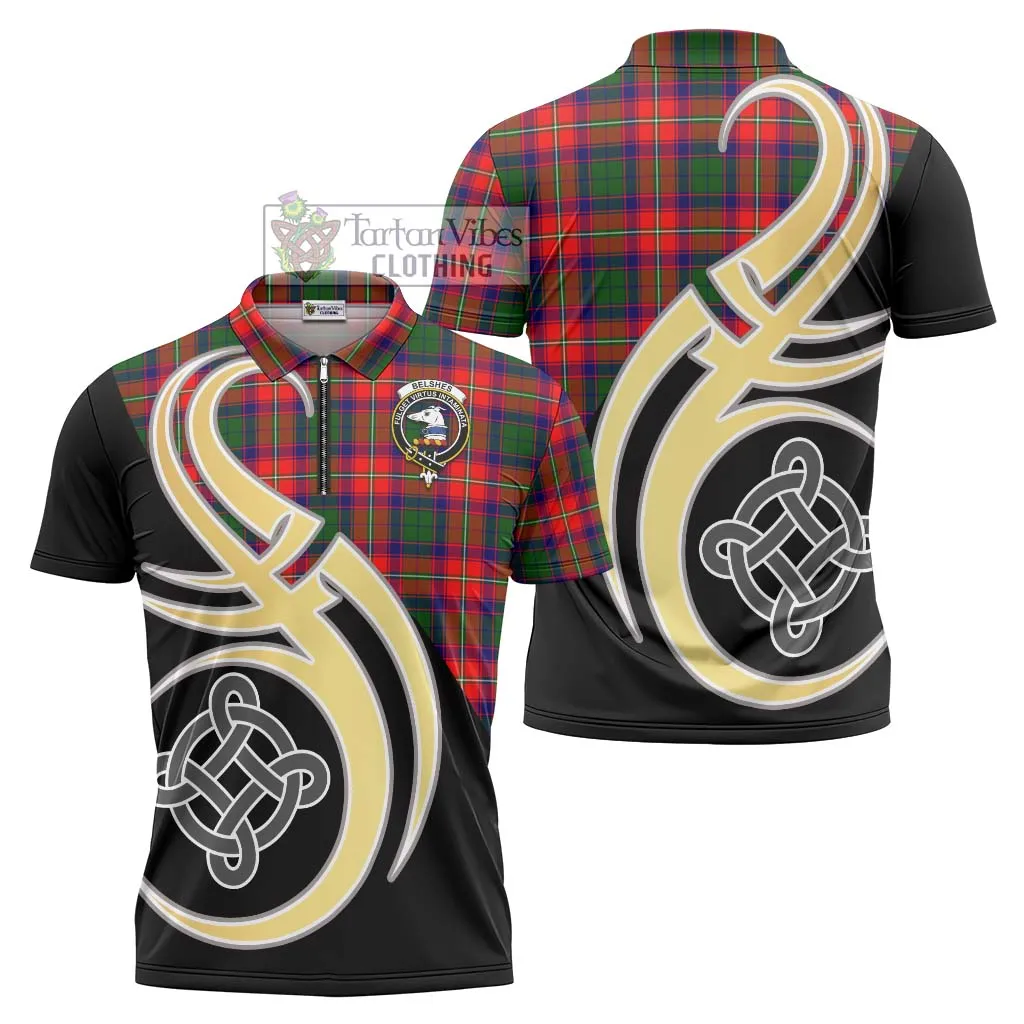 Belshes Tartan Zipper Polo Shirt with Family Crest and Celtic Symbol Style