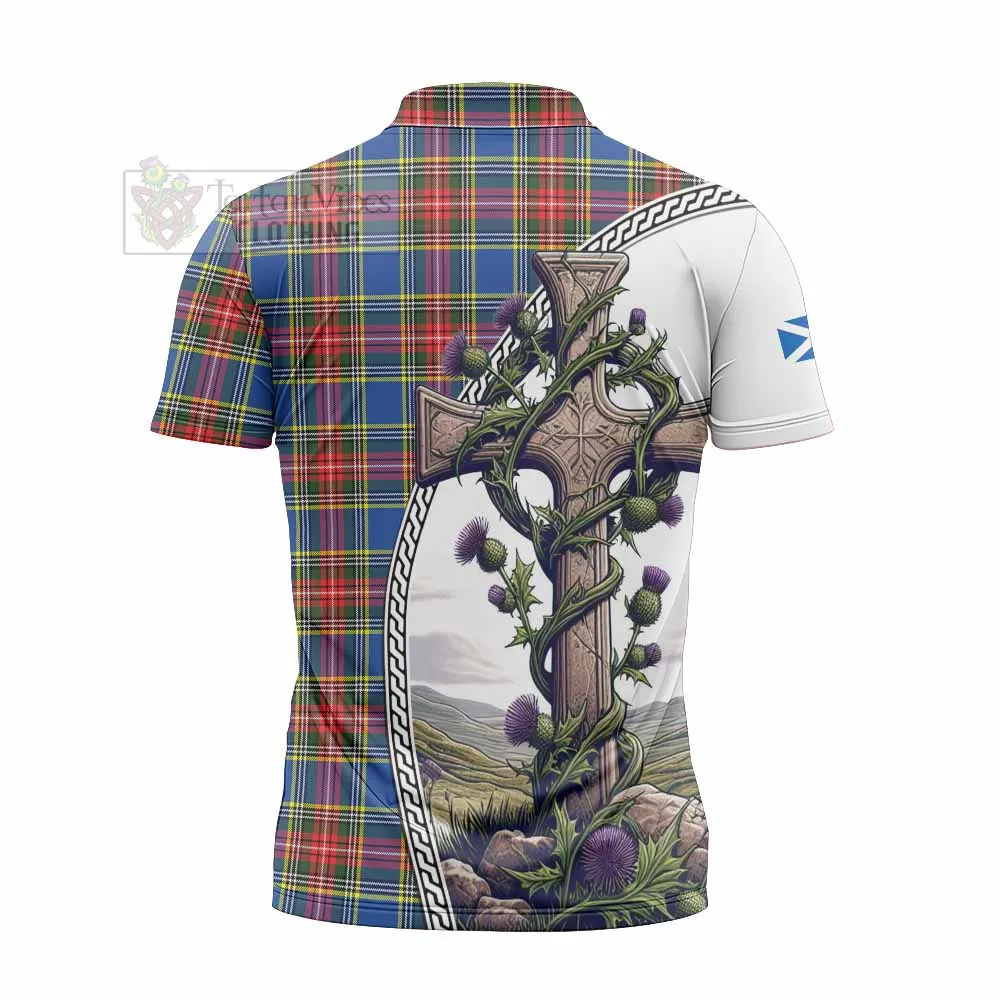 Bethune Tartan Zipper Polo Shirt with Family Crest and St. Andrew's Cross Accented by Thistle Vines