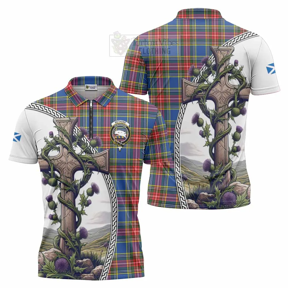 Bethune Tartan Zipper Polo Shirt with Family Crest and St. Andrew's Cross Accented by Thistle Vines