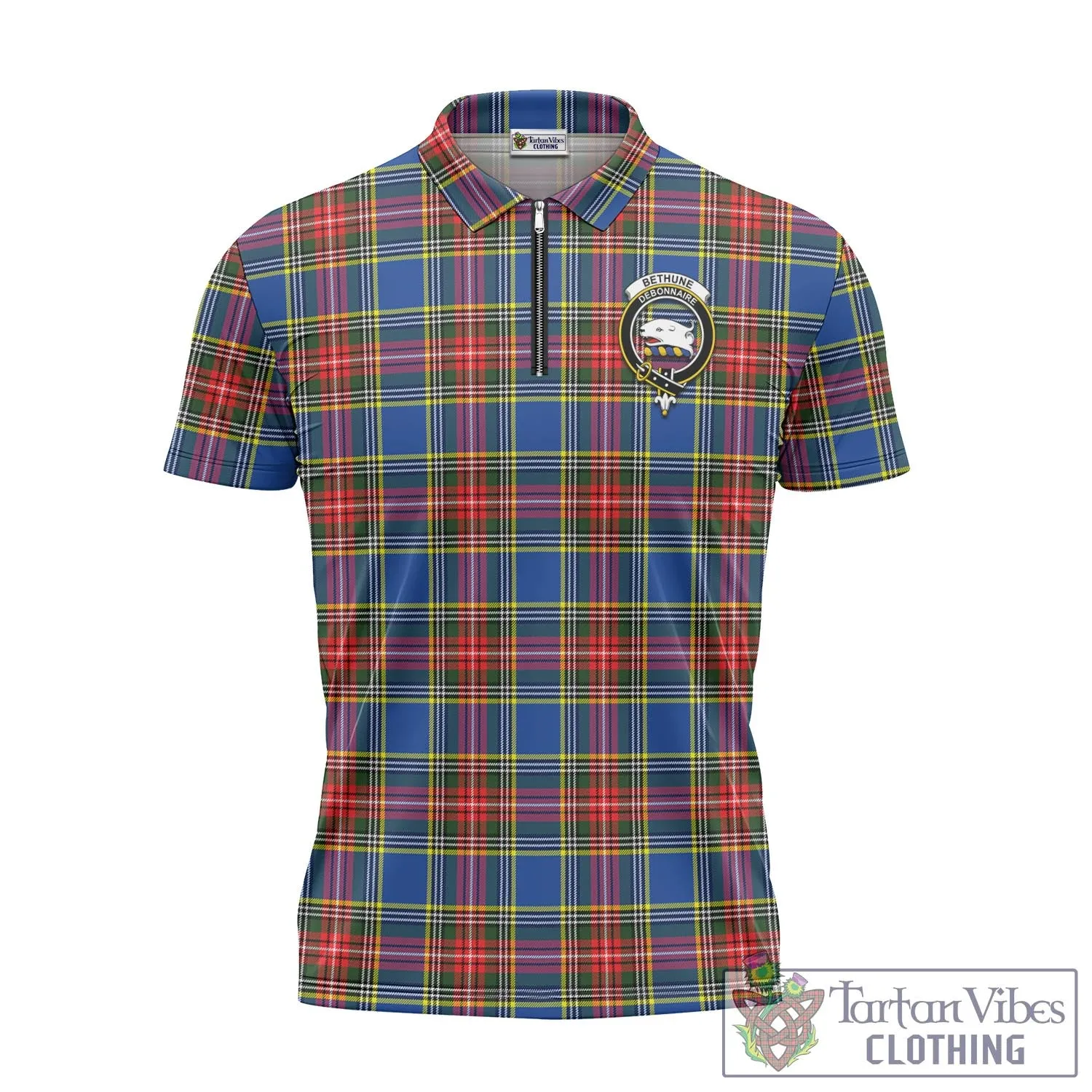 Bethune Tartan Zipper Polo Shirt with Family Crest