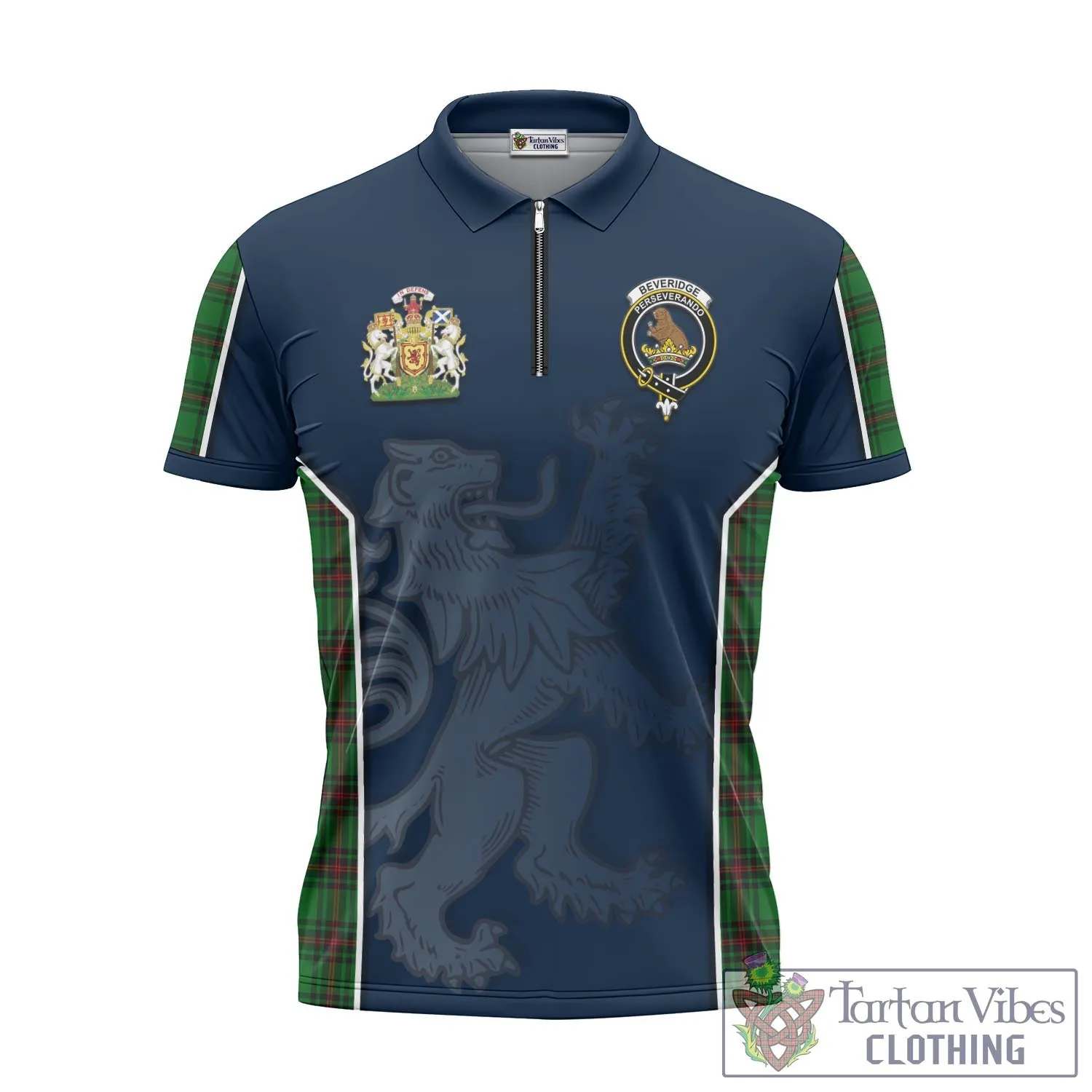 Beveridge Tartan Zipper Polo Shirt with Family Crest and Lion Rampant Vibes Sport Style