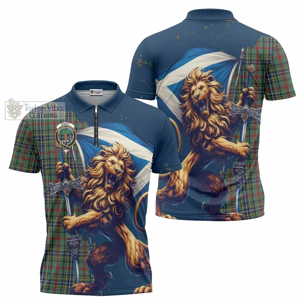 Bisset Tartan Family Crest Zipper Polo Shirt with Scottish Majestic Lion